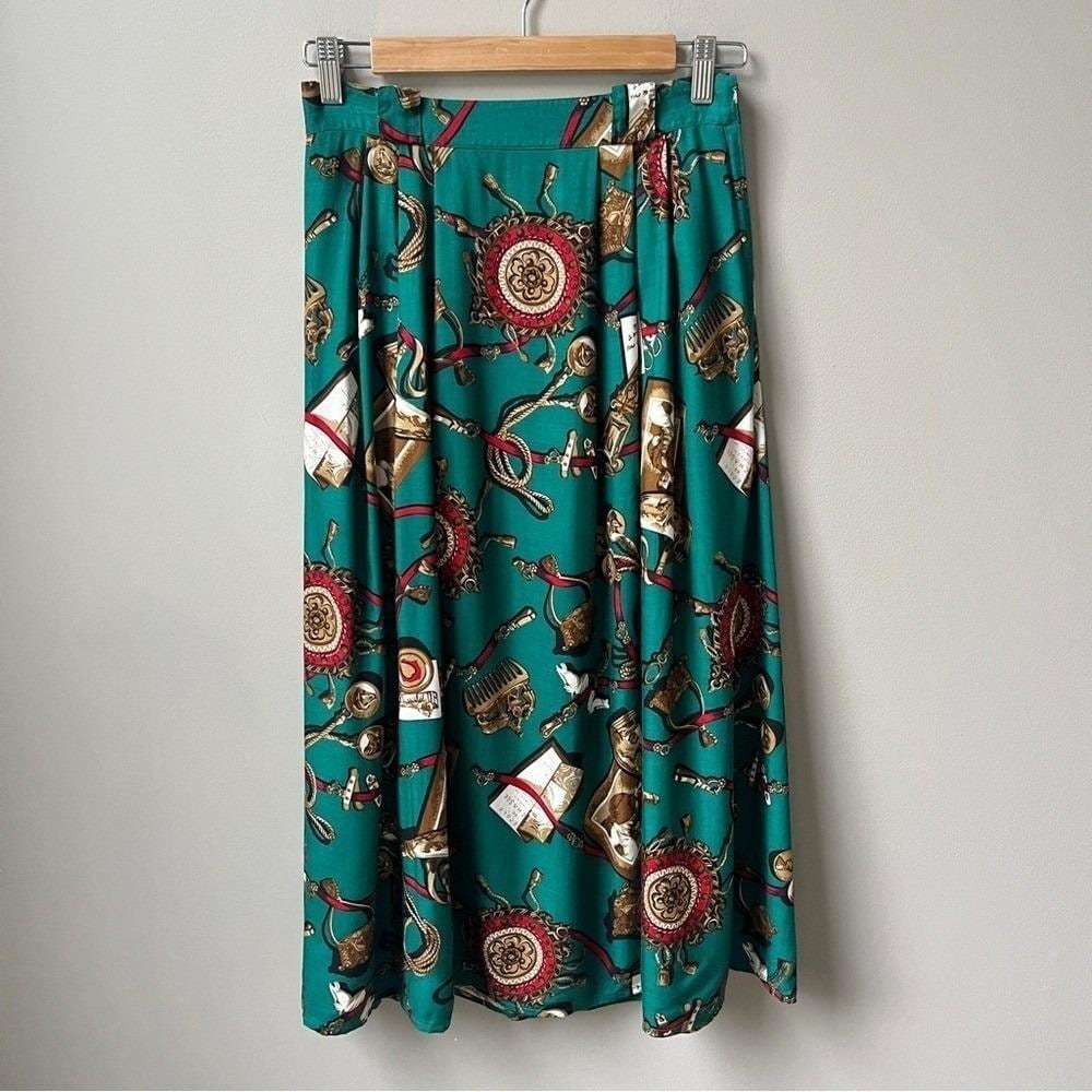 Chaus Teal Medallion Midi Skirt with Gold and Red Accents size Medium